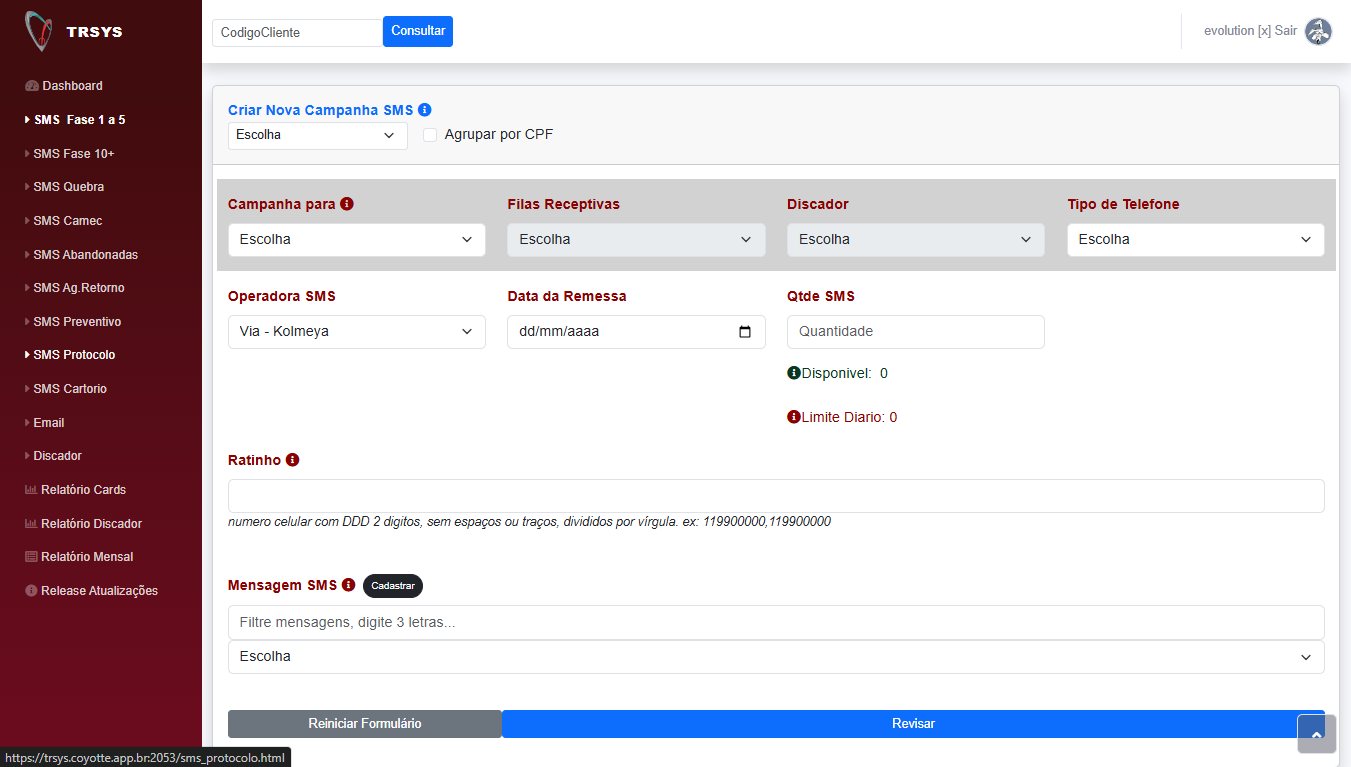 Tela de criação de campanha no Sistema de Campanha