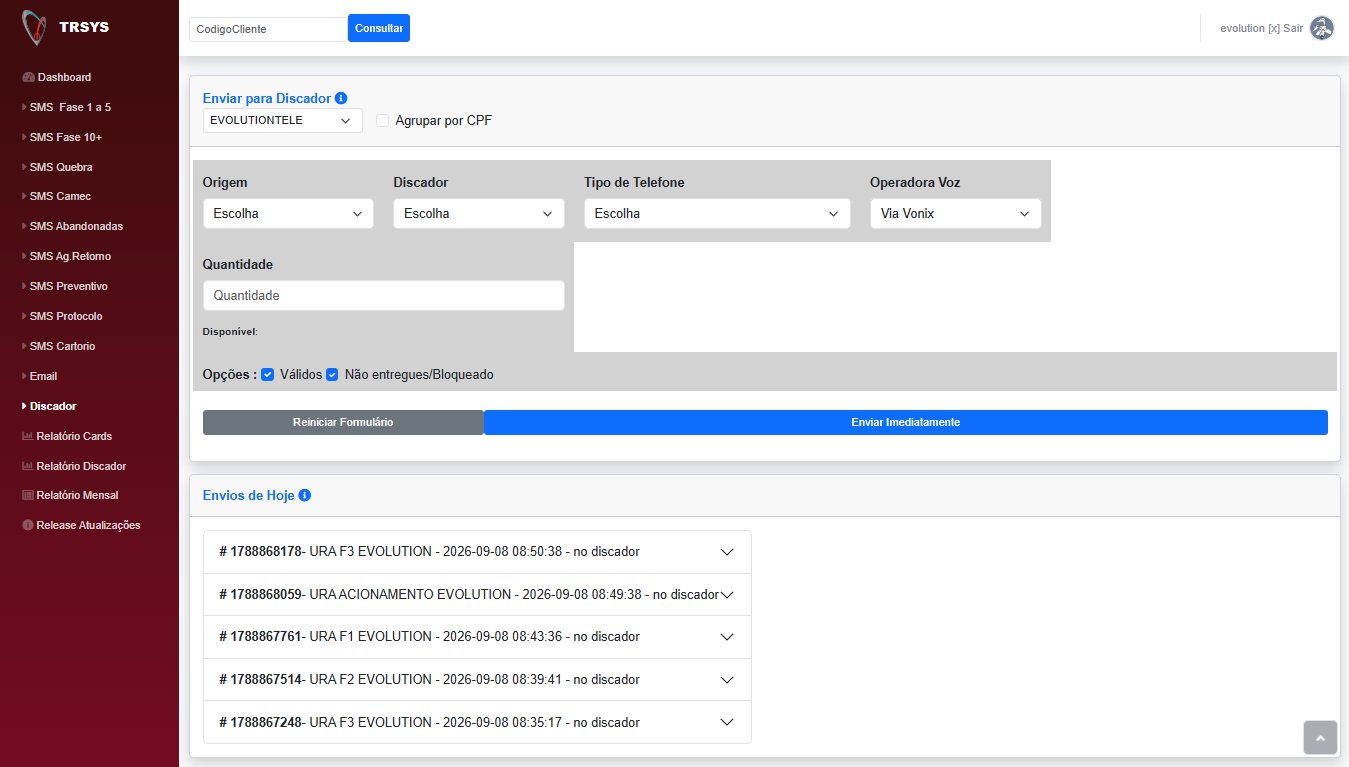 Tela de envio para discador no Sistema de Campanha